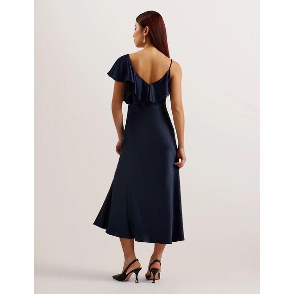 Ted Baker NWT KEOMI Navy Waterfall Ruffle Satin Bias-Cut Midi Dress Size 2 - Picture 2 of 13